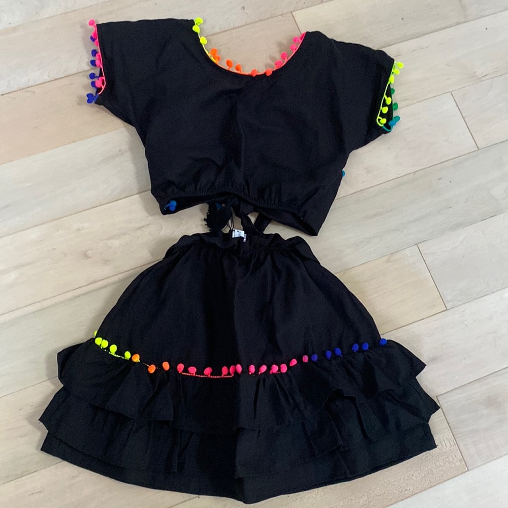 Little Peixoto girls pom trim black cotton blend top skirt set